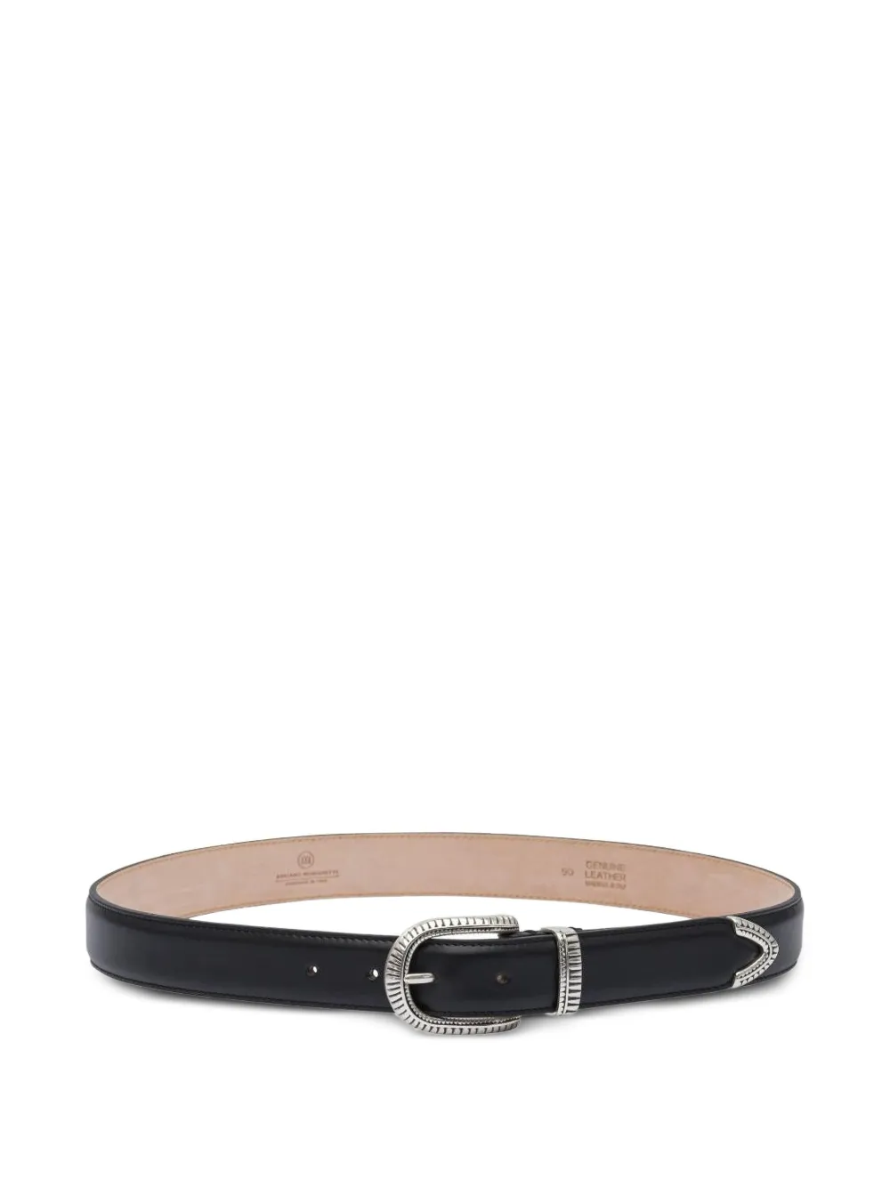 silver-buckle leather belt
