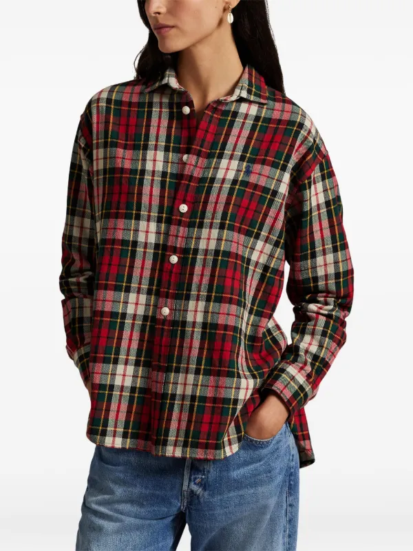 Long Sleeve Shirt Flannel Polo Shirt Womens Ralph Lauren Flannel Shirt  Women's Plus 3X Red Plaid Long Sleeve