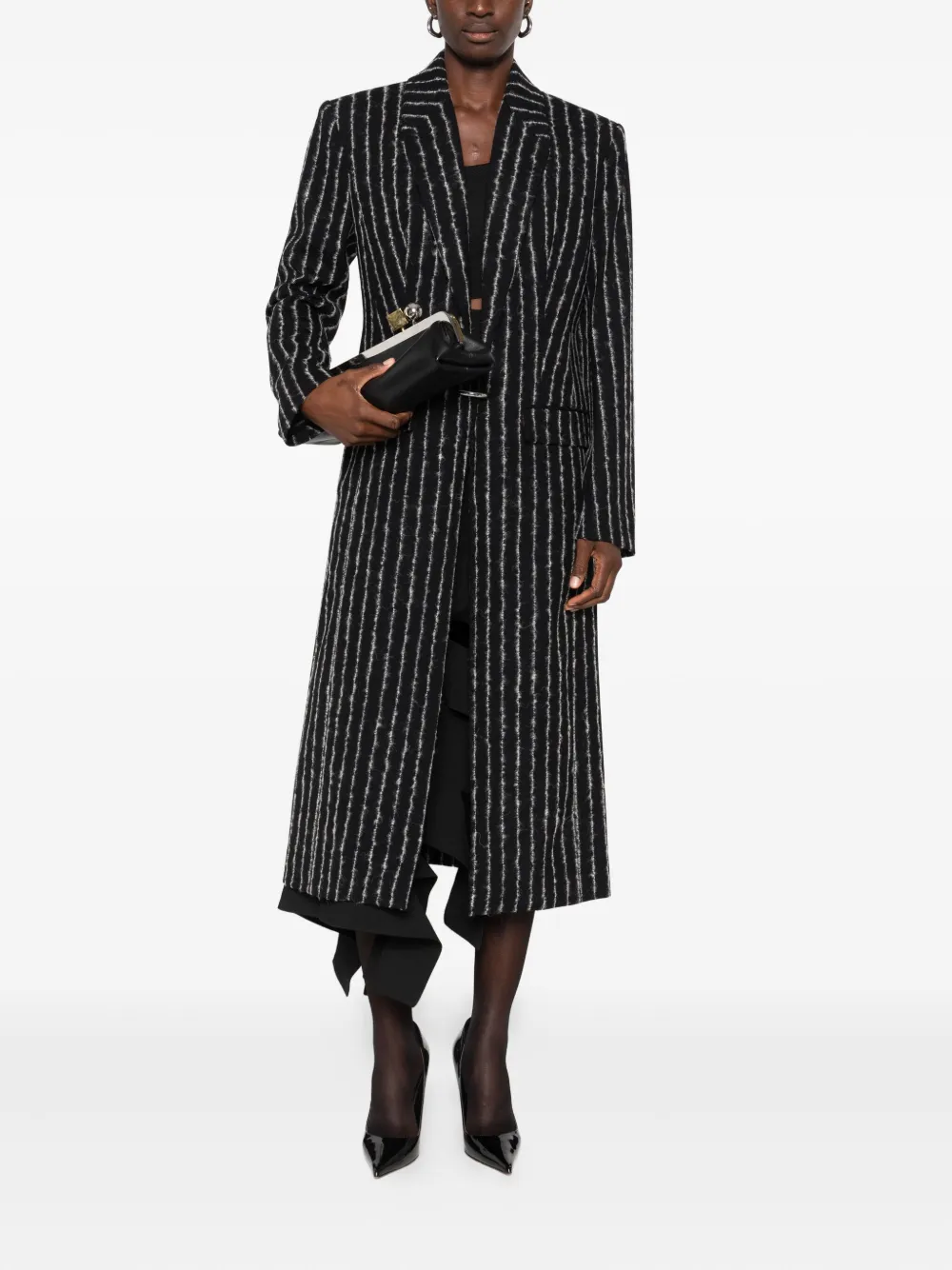 Mugler Pinstripe Wool Coat In Black