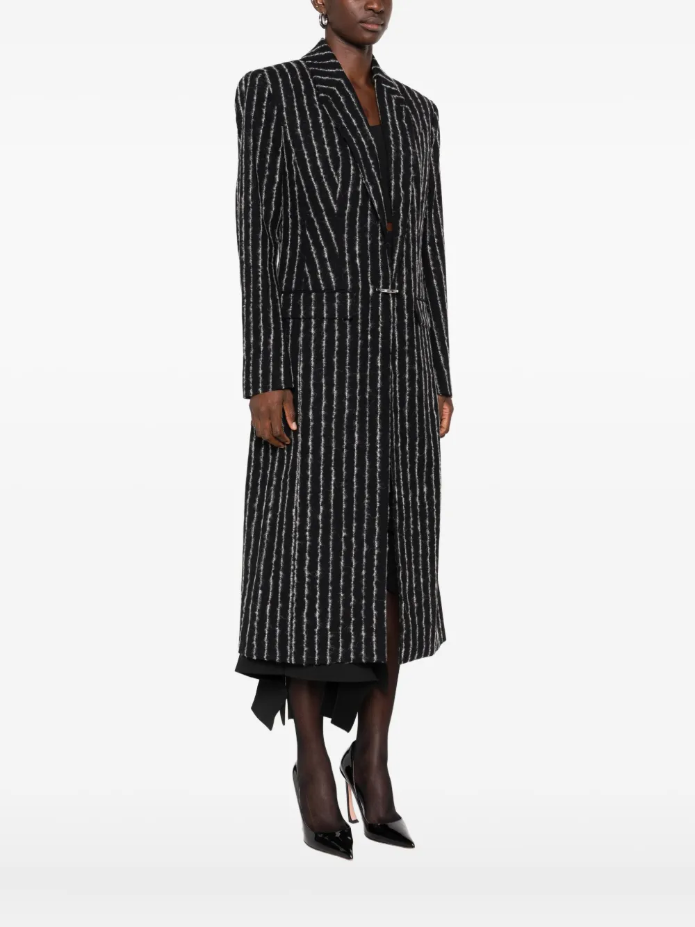 Mugler Pinstripe Wool Coat In Black