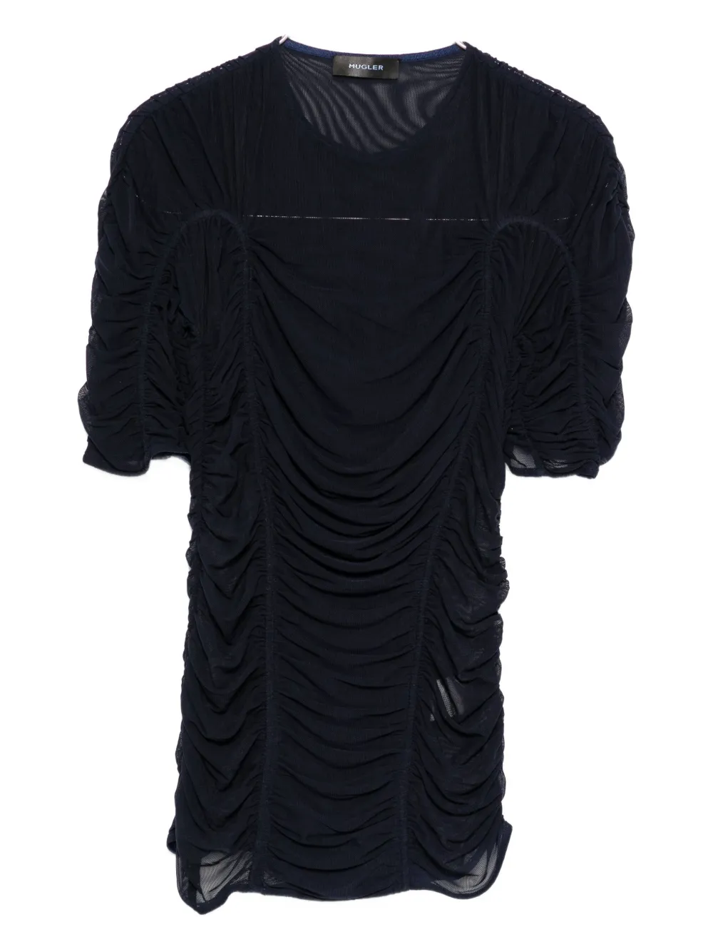 Mugler Crew Neck Mesh Top With Ruched Detailing In Black