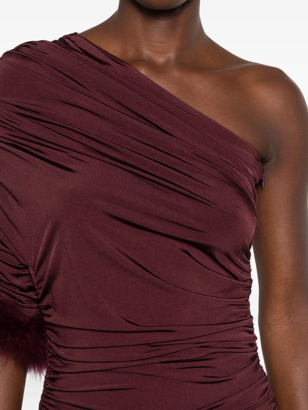 Mugler One Shoulder Feather Trim Ruched Midi Dress In Brown