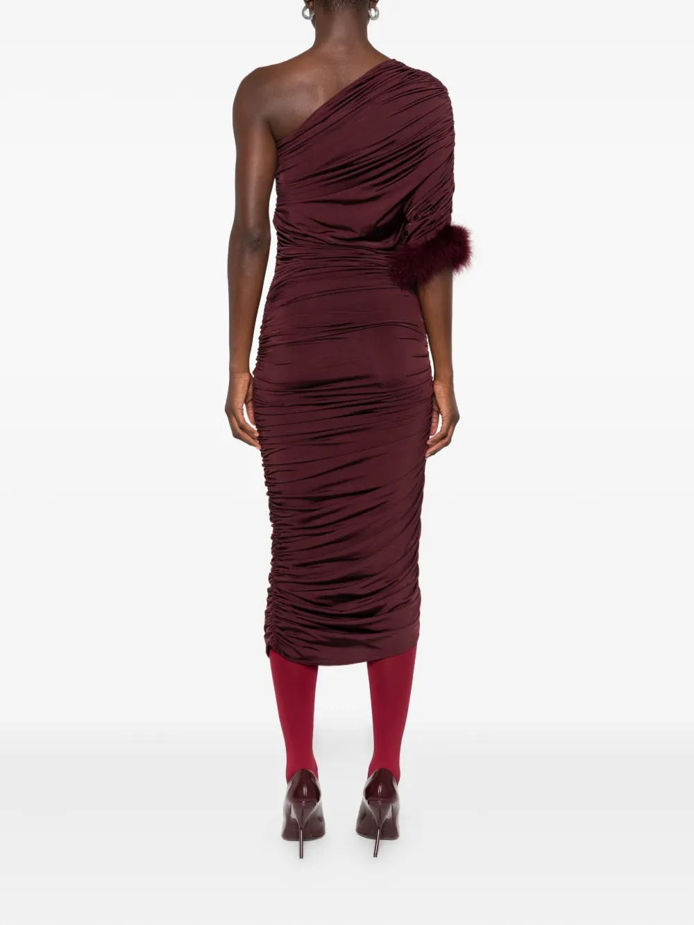 Mugler One Shoulder Feather Trim Ruched Midi Dress In Brown