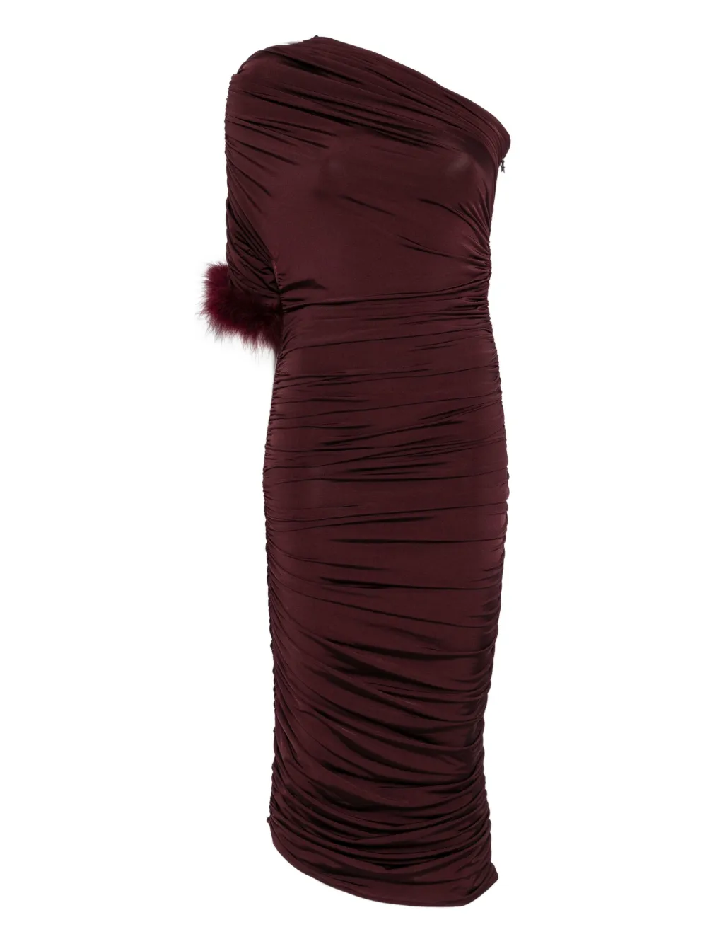 feather-trimmed one-shoulder dress