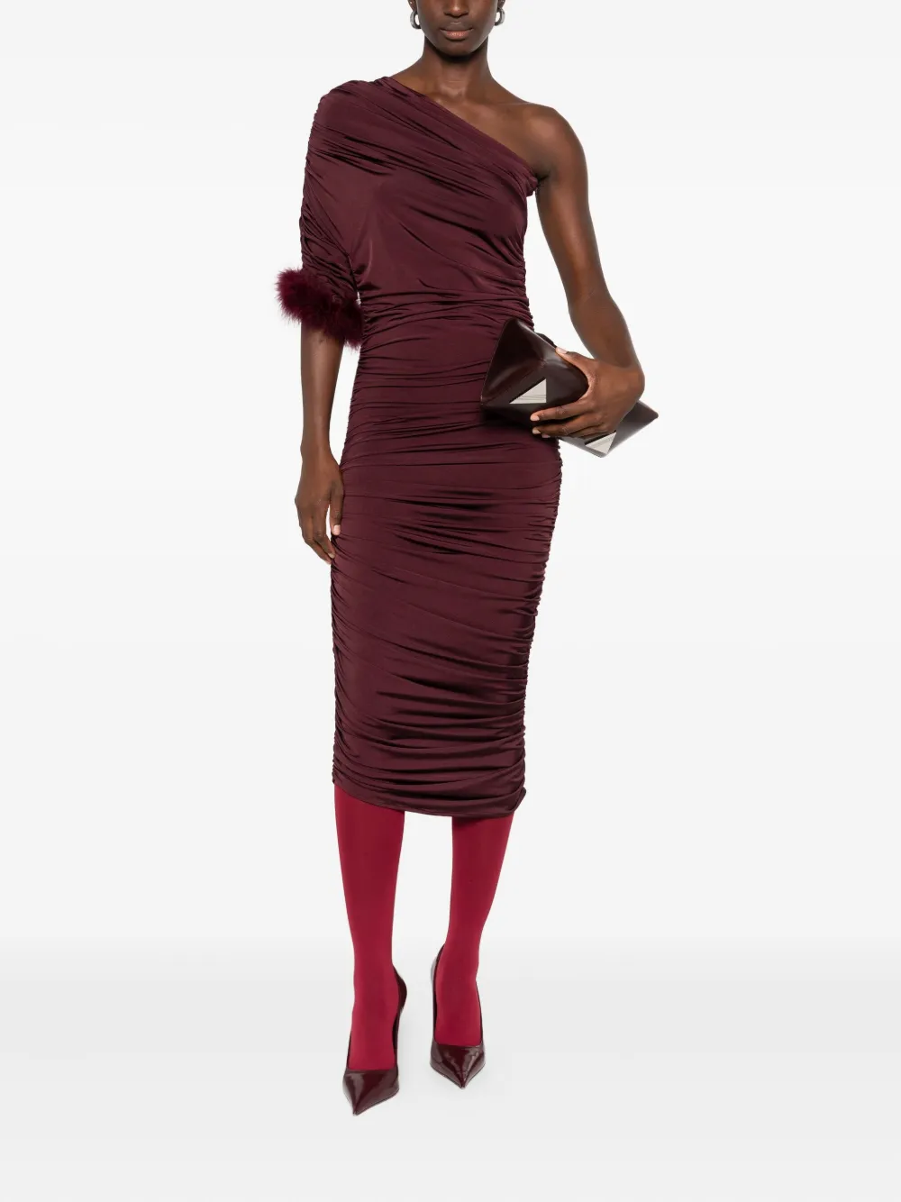 Mugler feather-trimmed one-shoulder dress - Rood