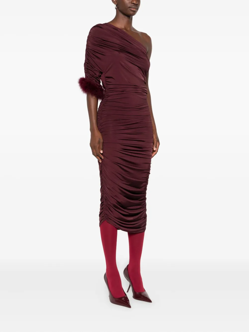 Mugler One Shoulder Feather Trim Ruched Midi Dress In Brown