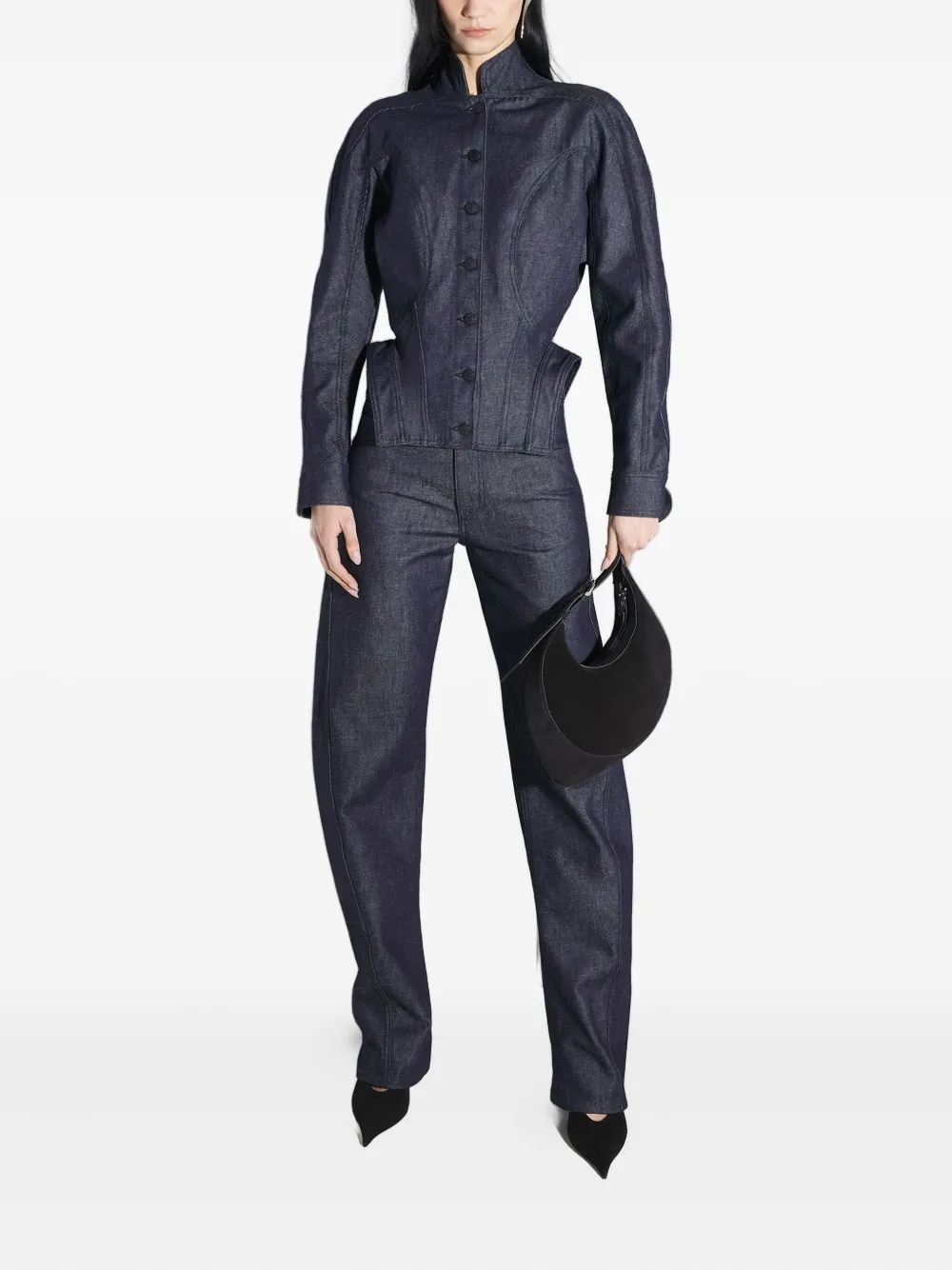 Mugler Button-fastening Sculptural Cinched Jacket In Blue