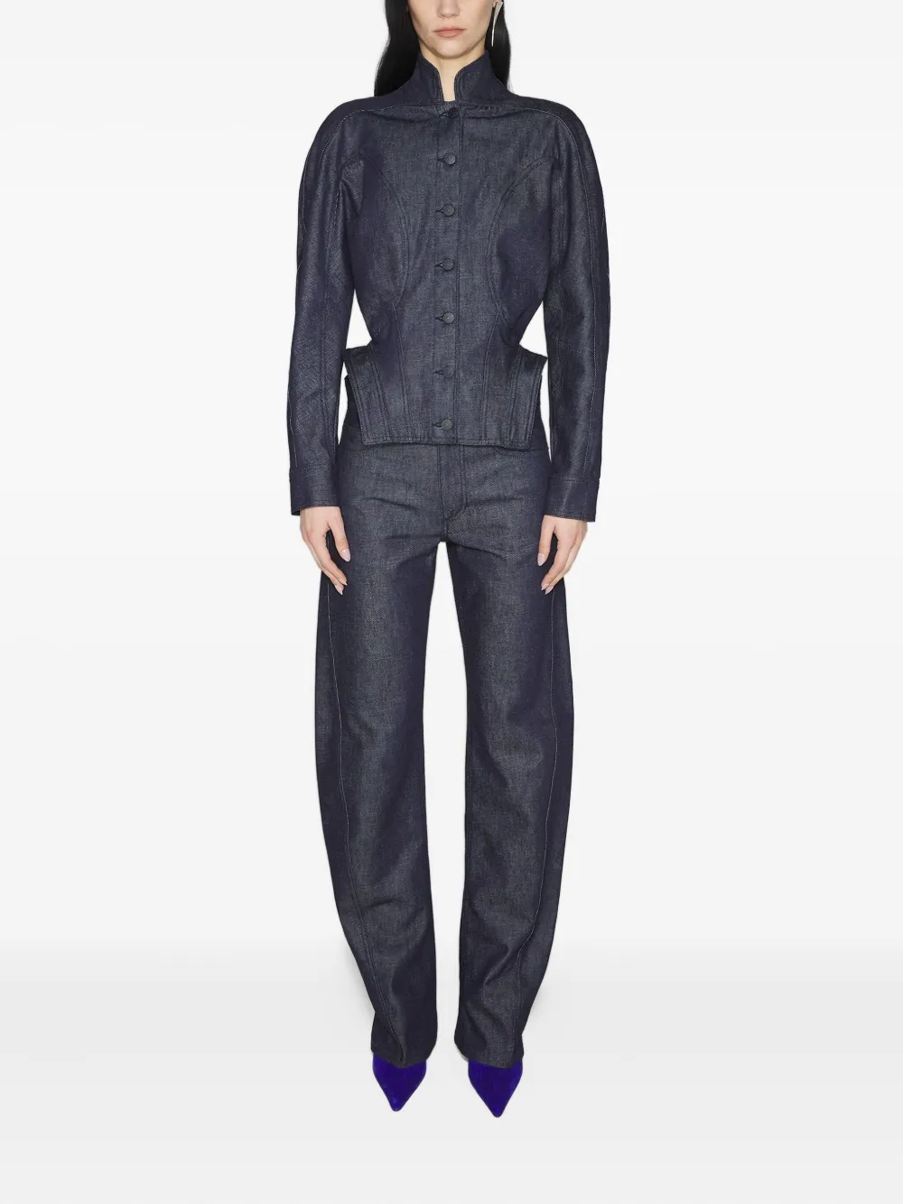 Mugler Button-fastening Sculptural Cinched Jacket In Blue
