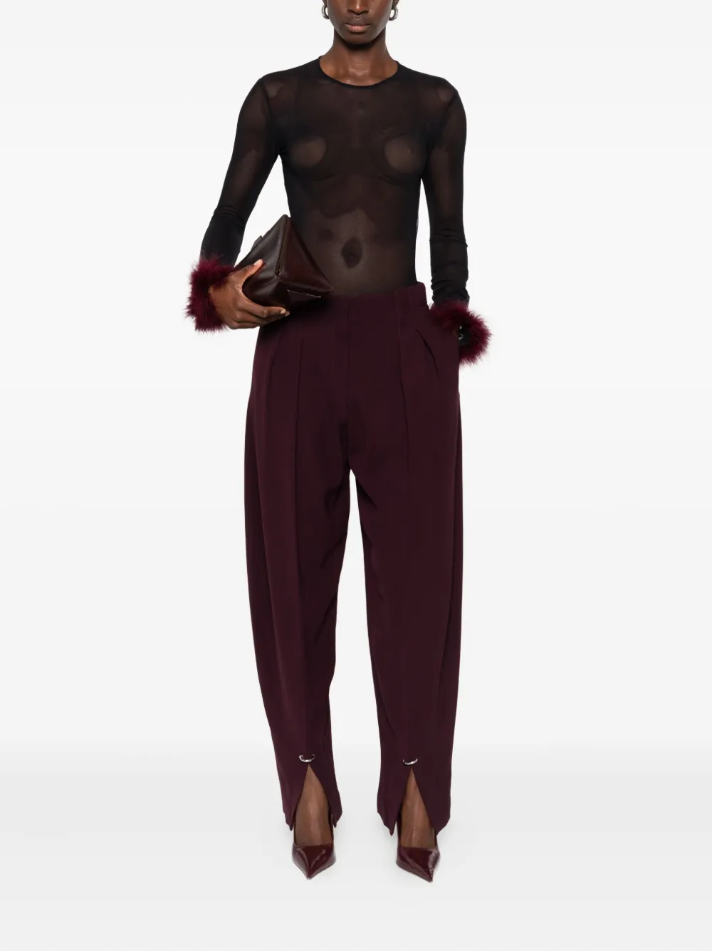 Mugler mesh-panel feather-cuff top - Zwart