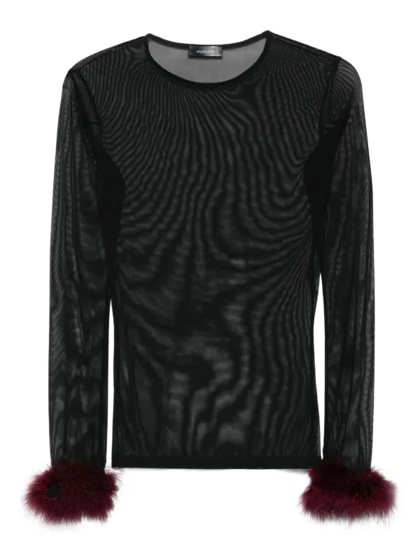 Mugler Mesh-panel Feather-cuff Top in Black