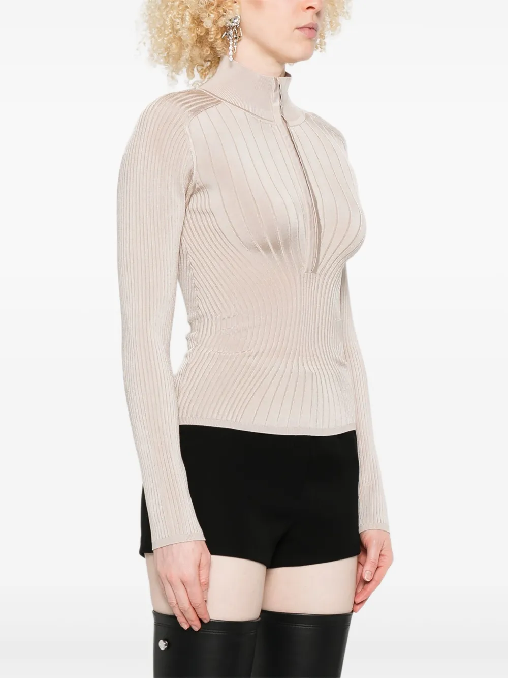 Mugler Geribbelde trui met rits Beige