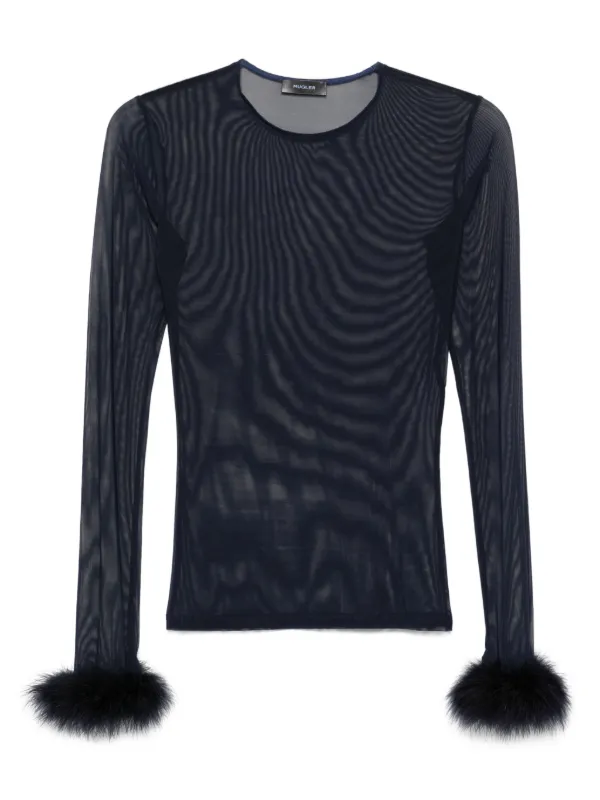 Mugler Mesh Feather-cuff Top in Blue