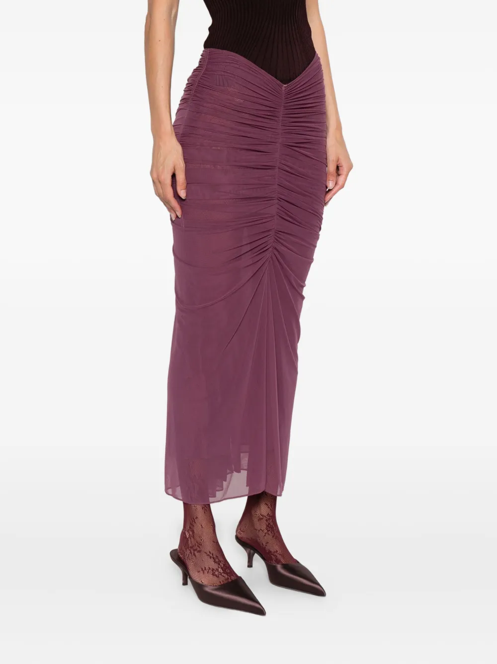 Mugler Maxi-rok met ruches en mesh Paars