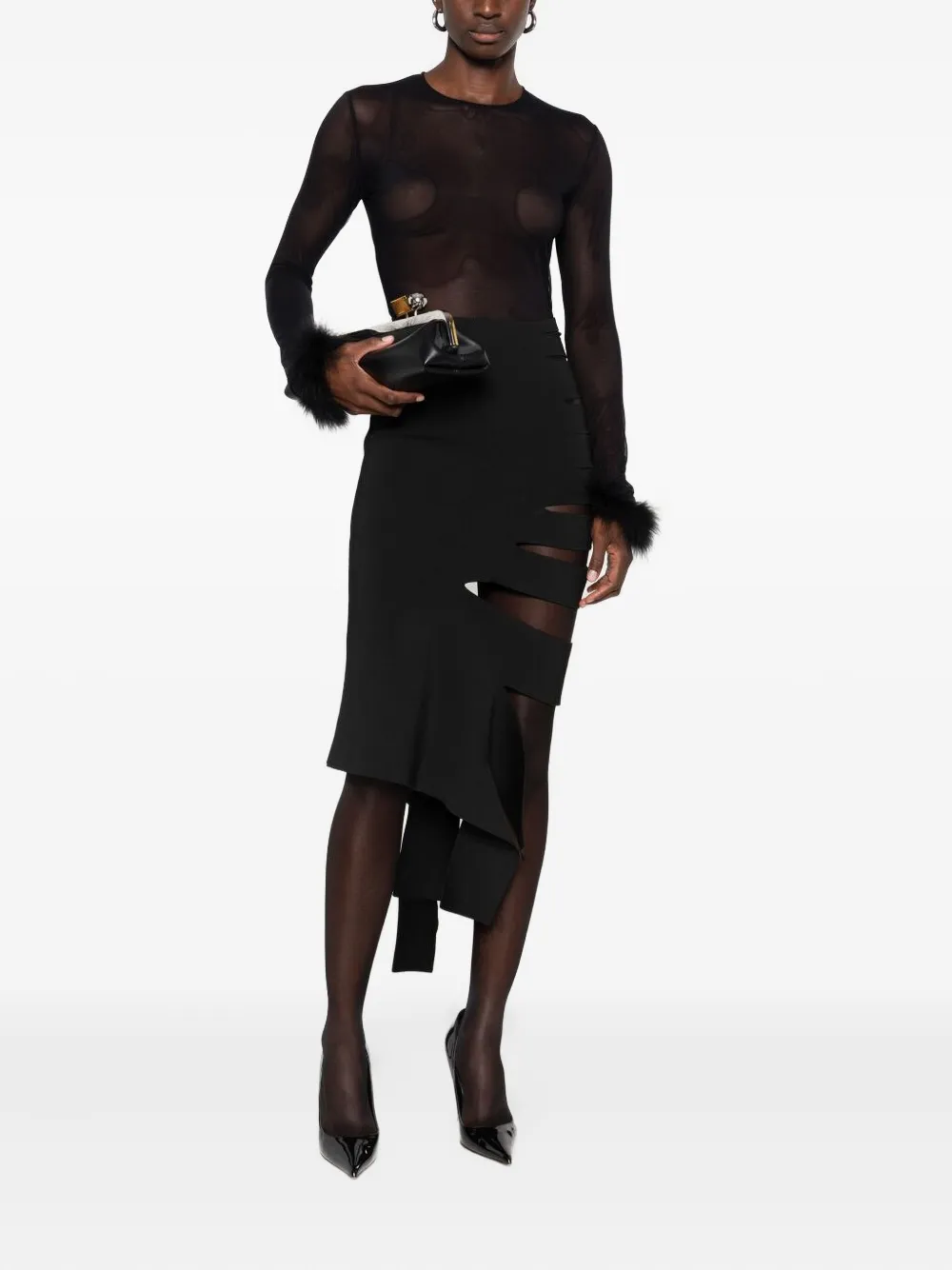 Mugler feather-cuff mesh top - Zwart