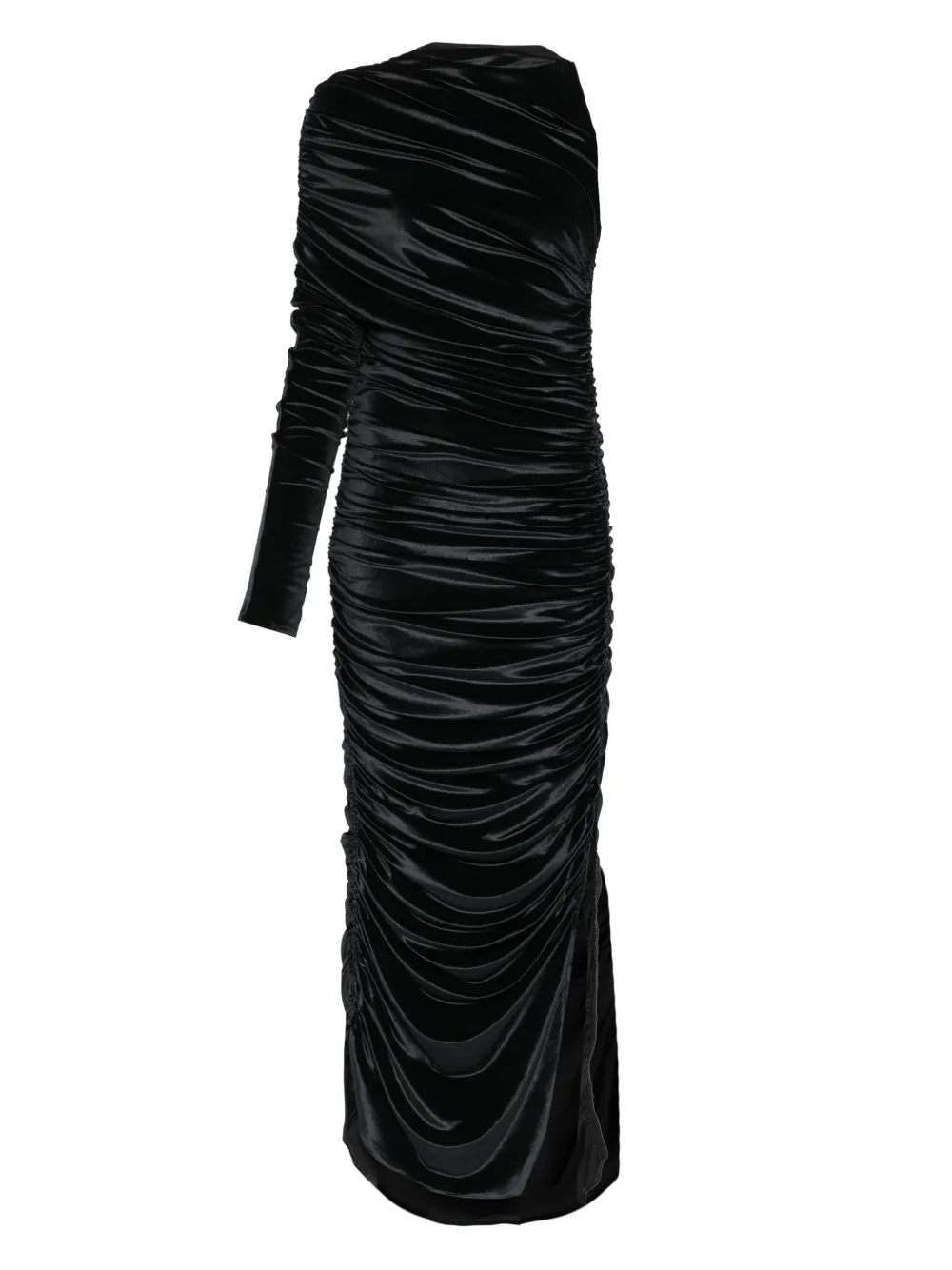 one-shoulder draped midi dress