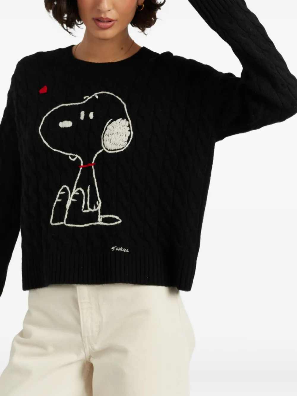 Chinti & Parker x Peanuts kabelgebreide trui met Snoopy-patroon Zwart