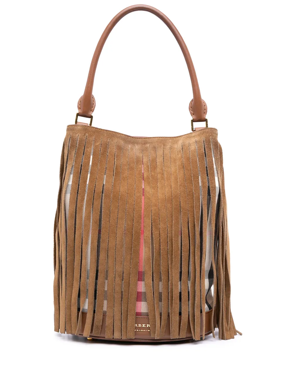 Burberry Pre-Owned 2000-2017 House Check Canvas and Suede Fringe bucket bag | Brown | Image 1