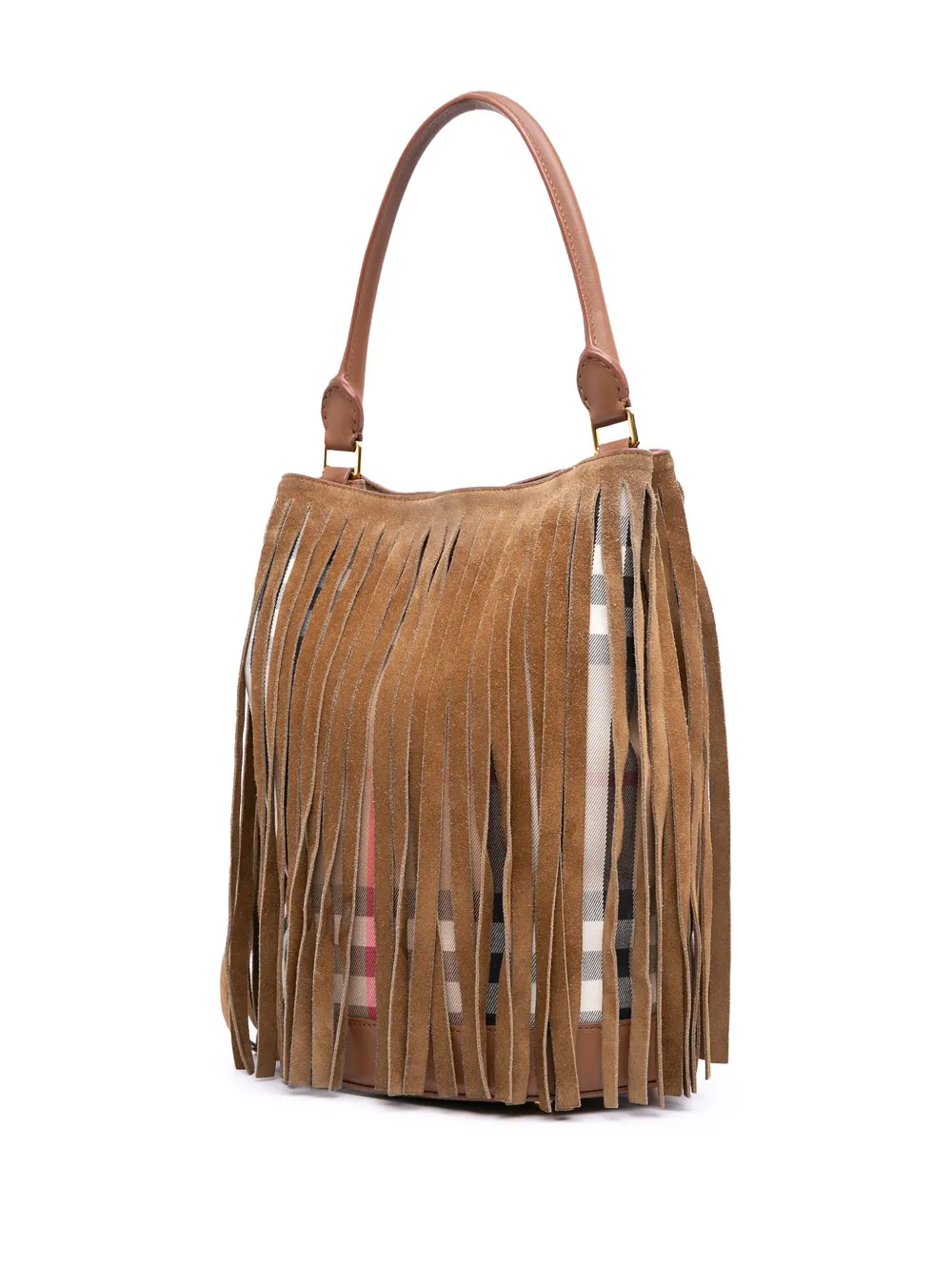 Pre-owned Burberry 2000-2017 House Check Canvas And Suede Fringe Bucket Bag