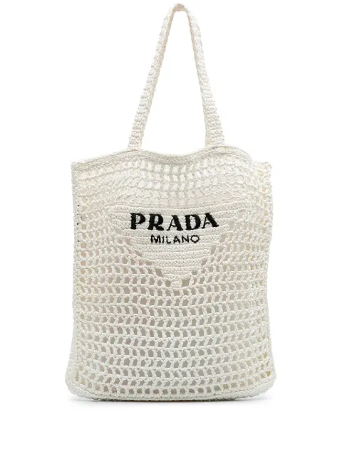 Prada Pre-Owned 2000-2024 Raffia Effect Crochet Logo Embroidered tote bag