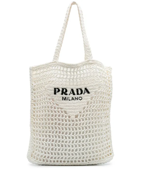 Prada Pre-Owned 2000-2024 Raffia Effect Crochet Logo Embroidered Tote Bag  White FARFETCH IN