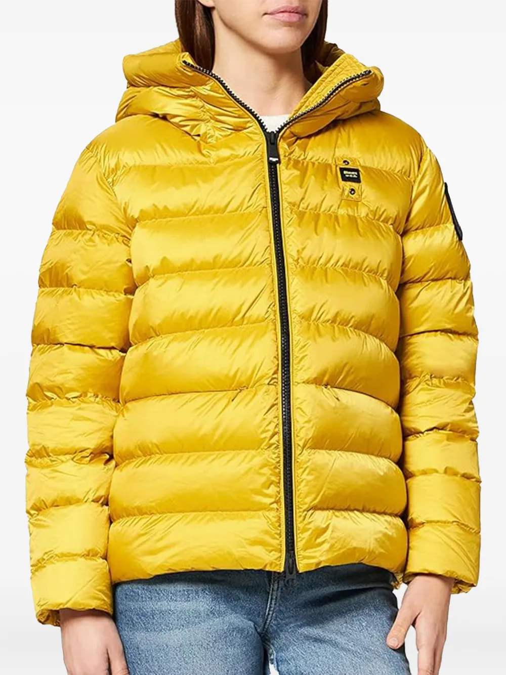 Blauer Donsjack met capuchon Geel