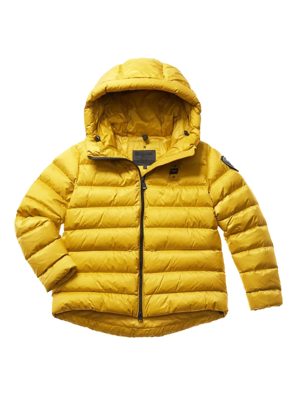Blauer Donsjack met capuchon Geel