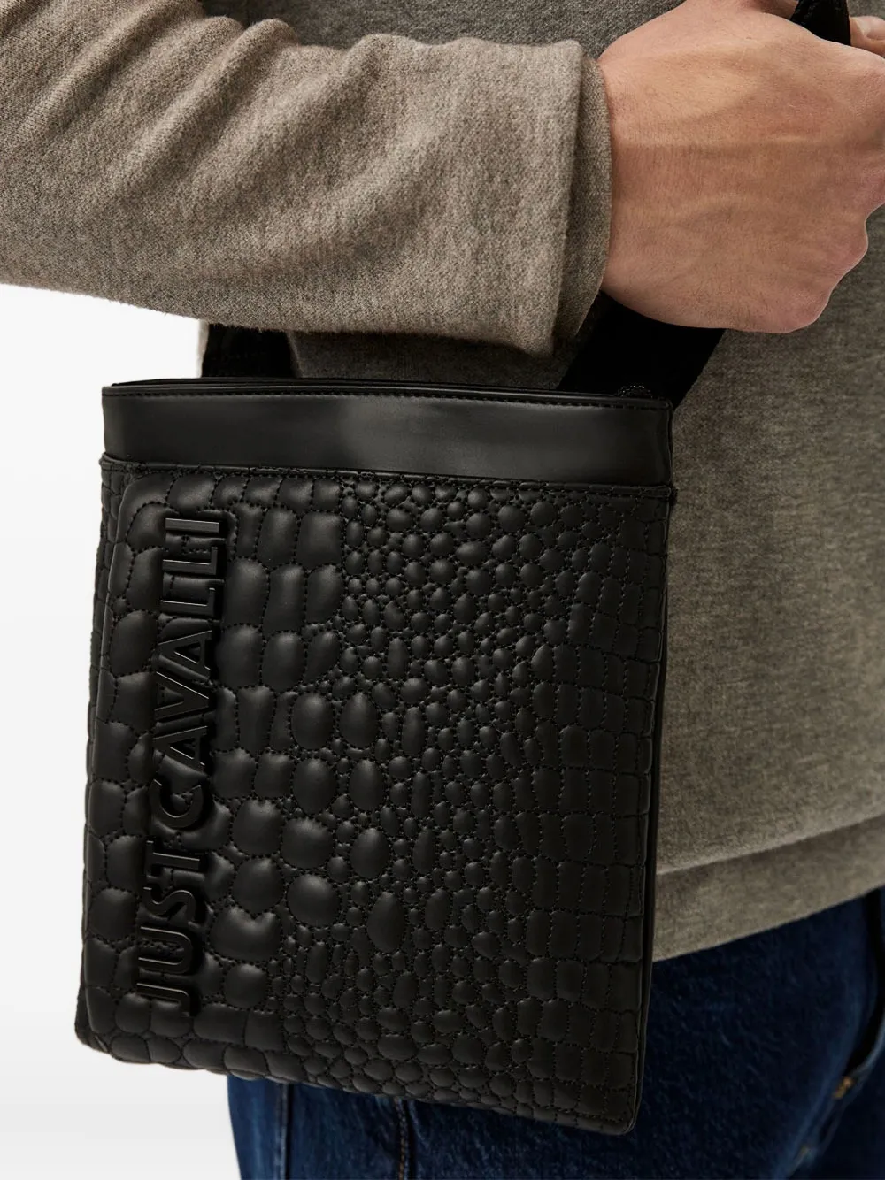 Just Cavalli Leren messengertas met textuur Zwart
