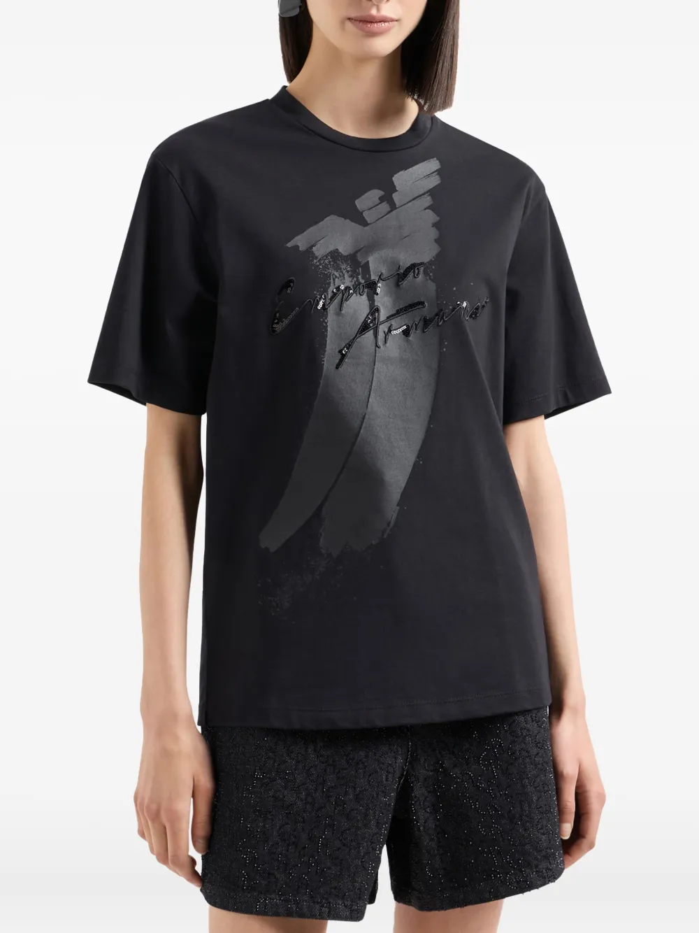 Emporio Armani eagle-logo sequin-embellished T-shirt Zwart