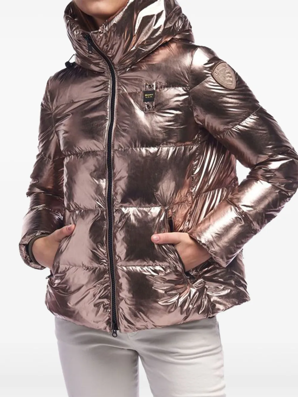 Blauer metallic-effect hooded puffer jacket Roze