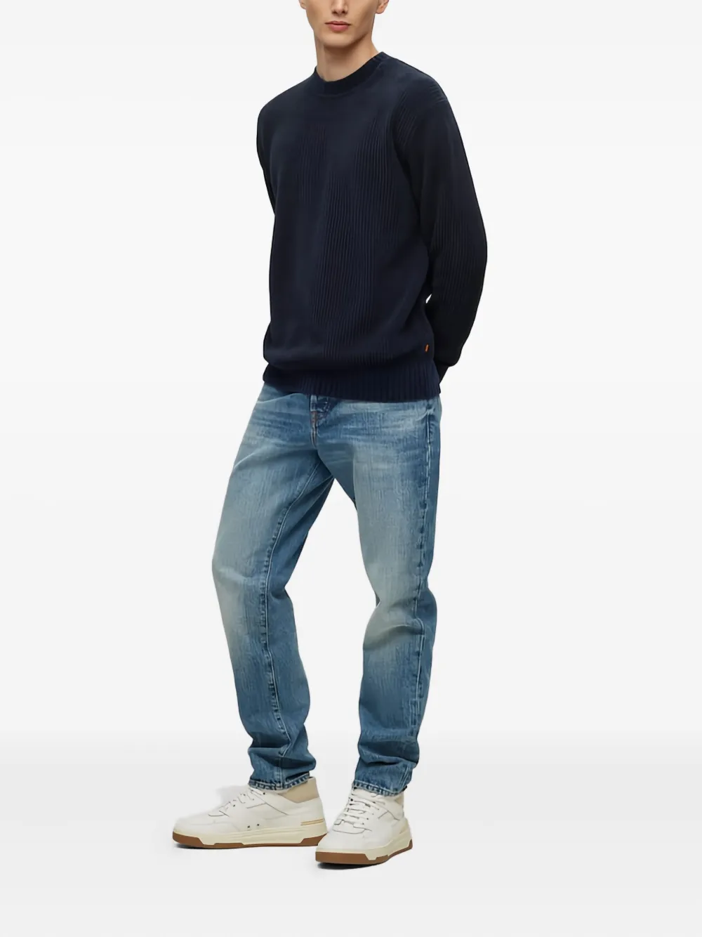 BOSS Geribbelde sweater met ronde hals - Blauw