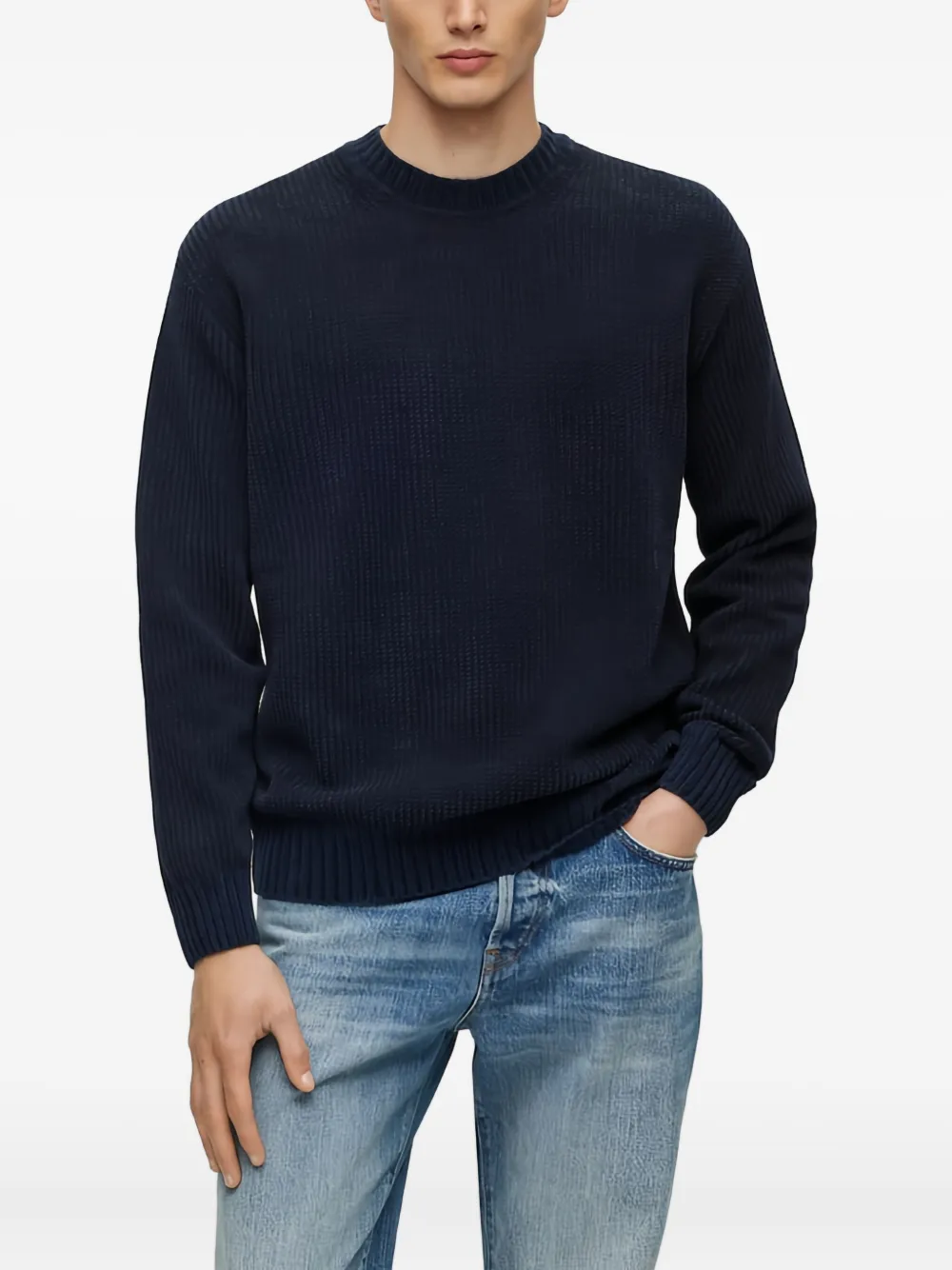 BOSS Geribbelde sweater met ronde hals Blauw