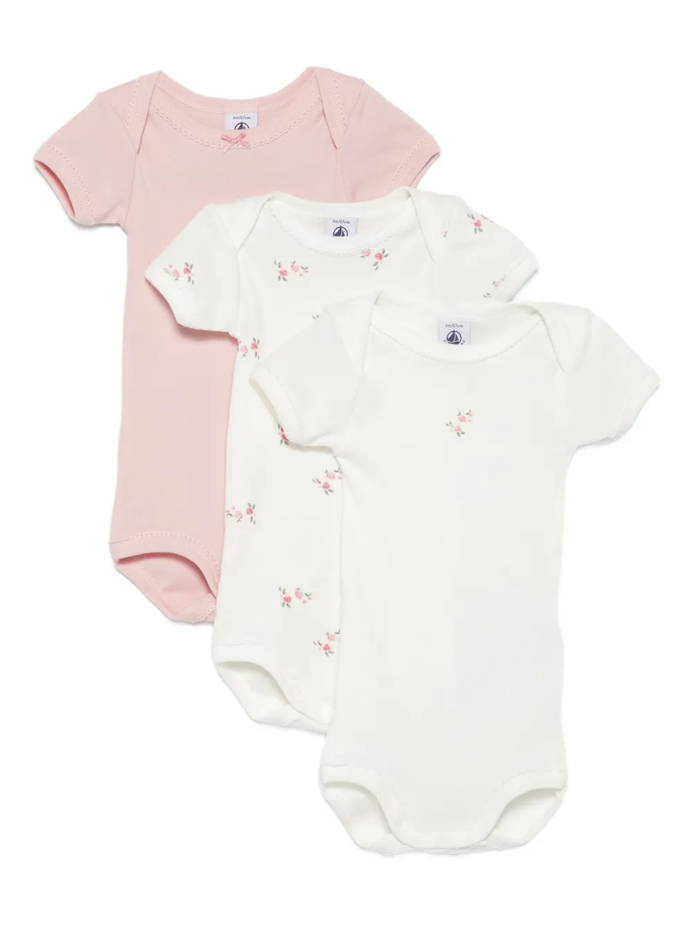 Petit Bateau rose-print bodysuits (pack of three) Wit
