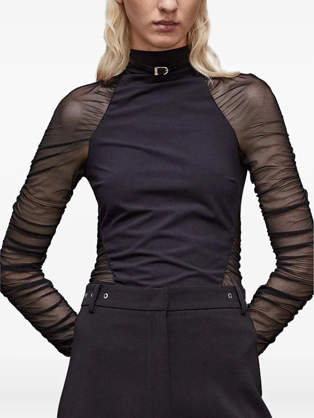 Patrizia Pepe high-neck mesh-sleeve top Zwart