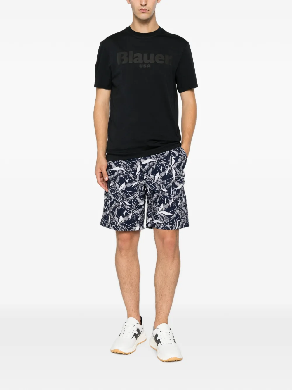 Blauer T-shirt met logoprint met ronde hals Zwart