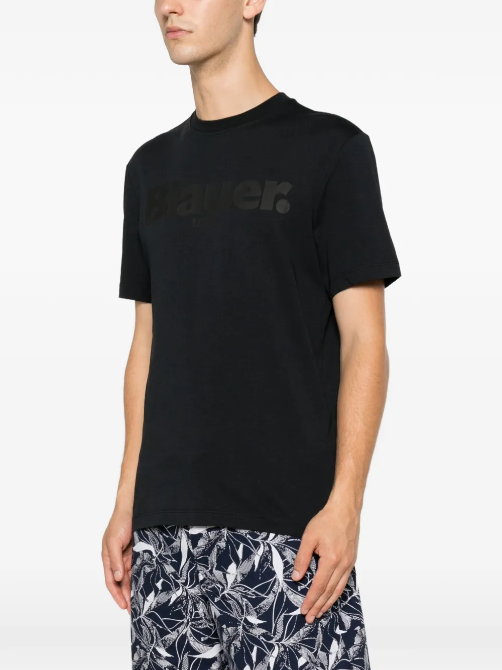 Blauer T-shirt met logoprint met ronde hals Zwart