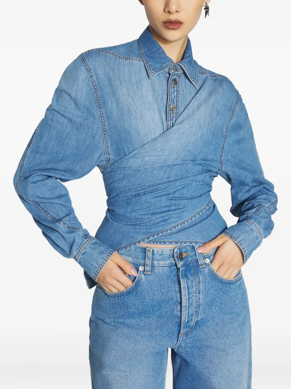 Mugler Wrap-effect Denim Shirt In Blue