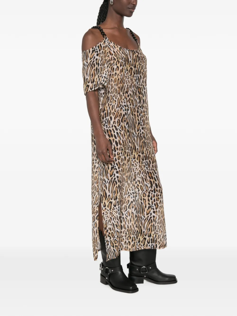 Moschino Midi-jurk met open schouders en luipaardprint Beige