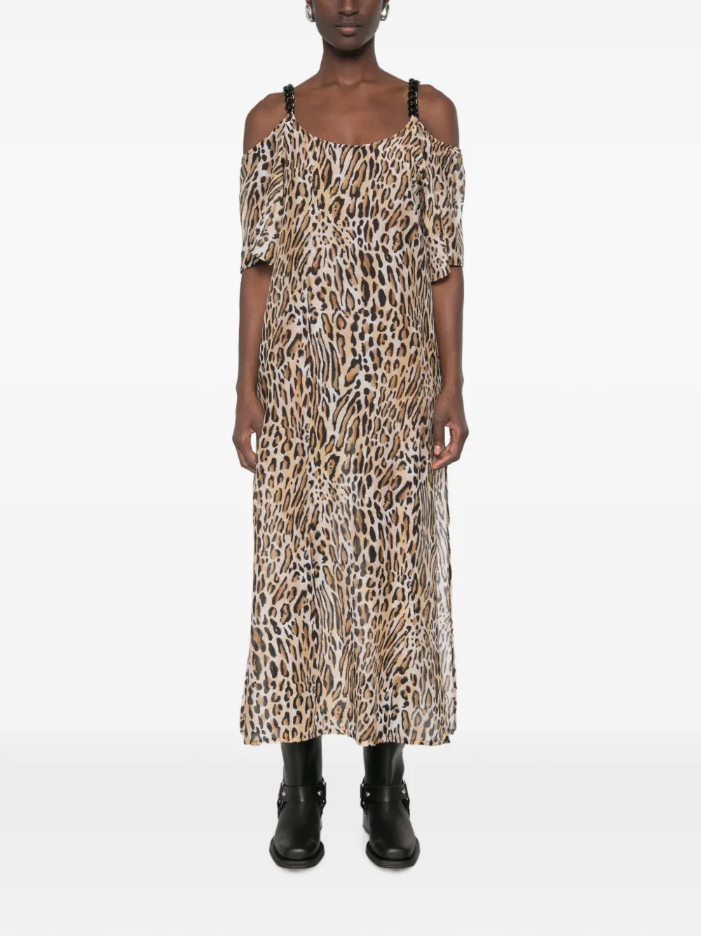 Moschino Midi-jurk met open schouders en luipaardprint Beige