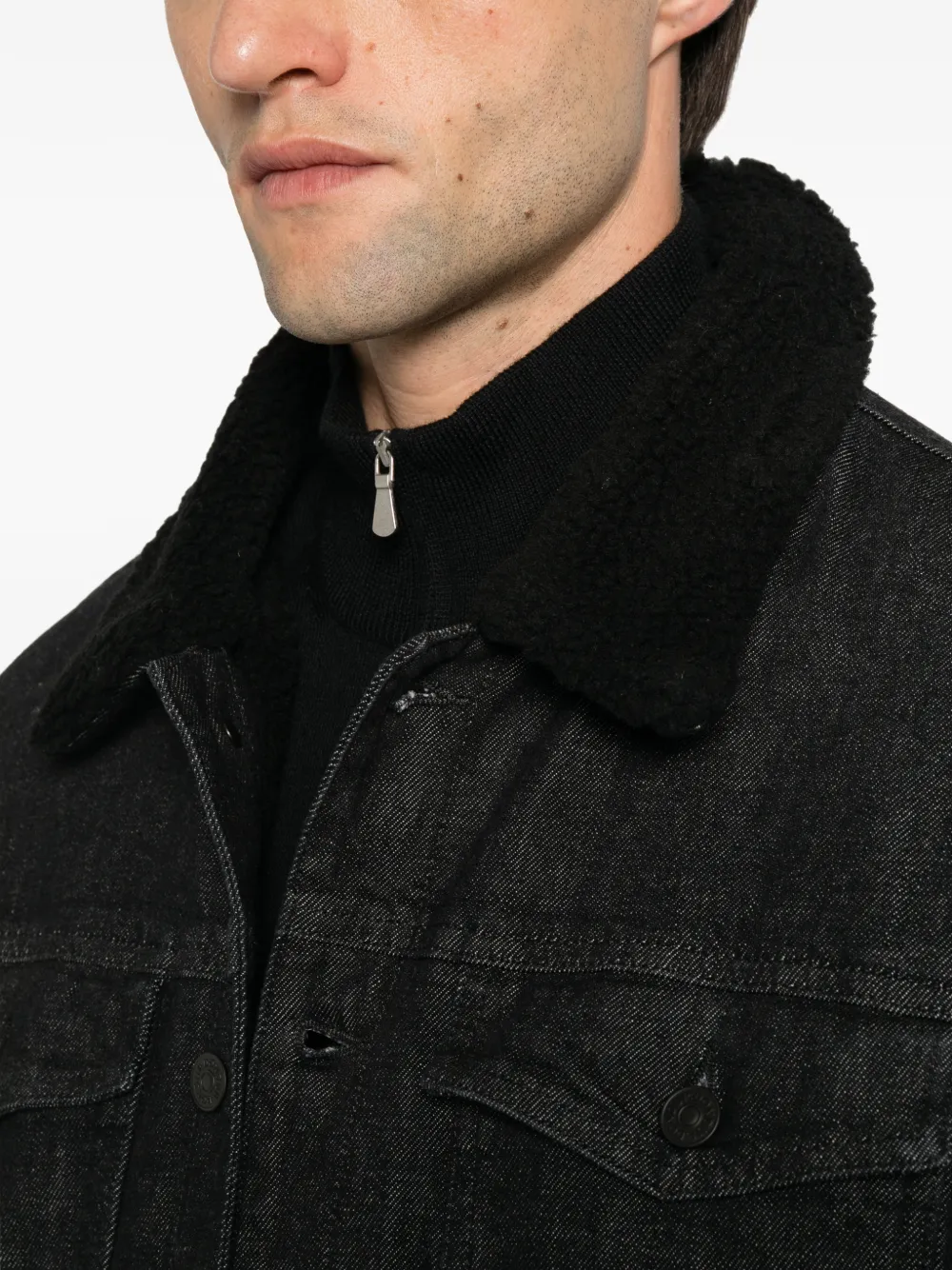 DONDUP Denim jack met kraag van shearling en geborduurd logo Zwart