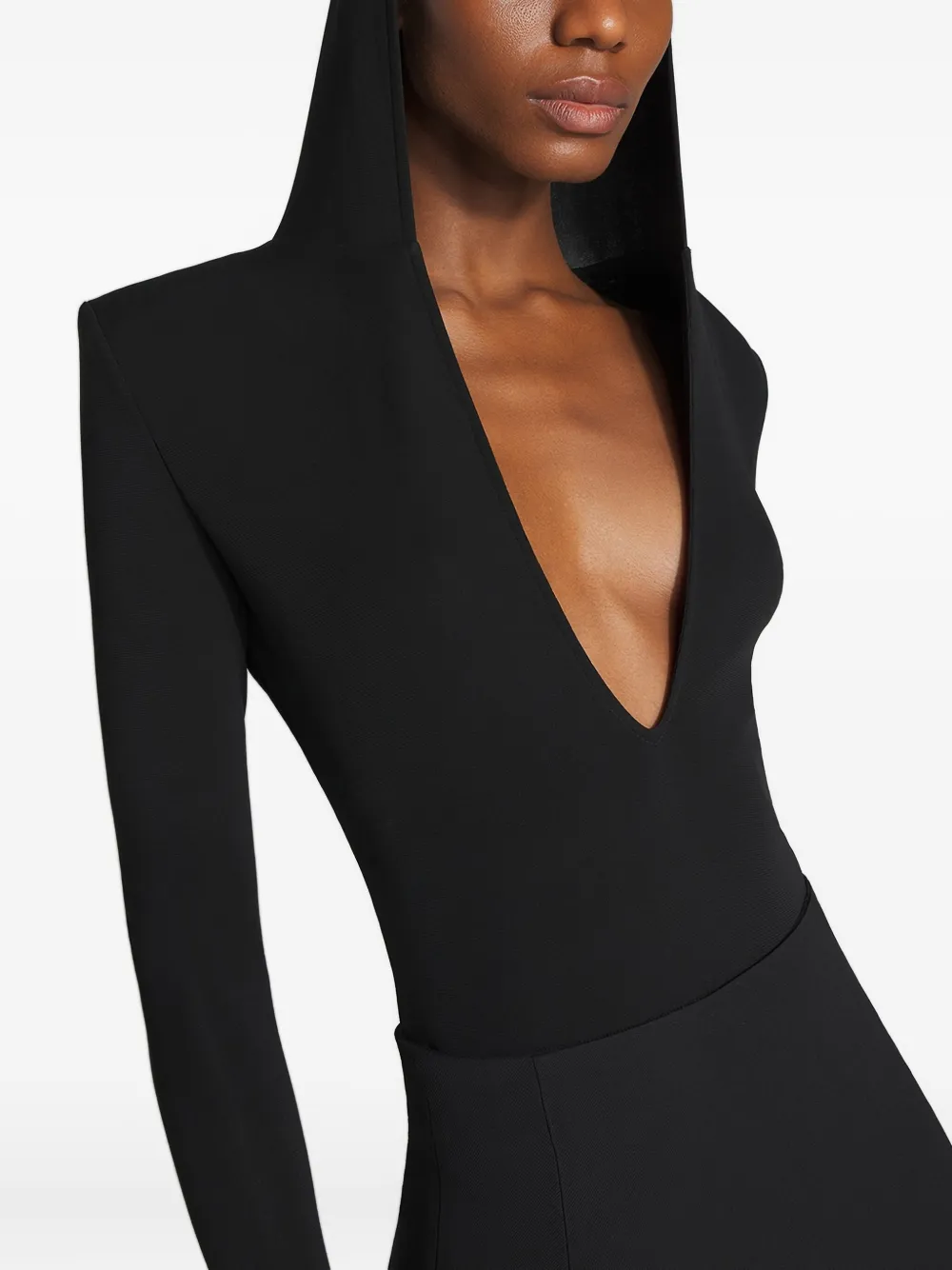 Mugler Hooded Asymmetric Bodysuit In Black