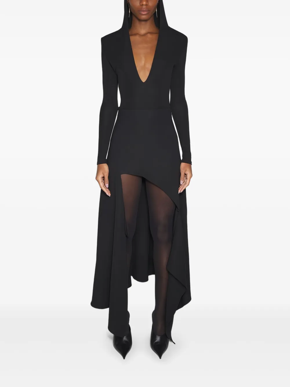 Mugler Hooded Asymmetric Bodysuit In Black