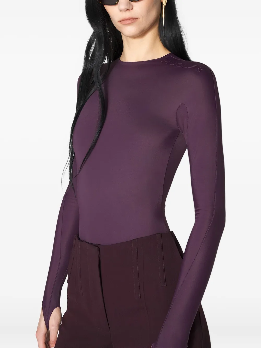 Mugler Embossed-logo Long-sleeve Bodysuit In Purple