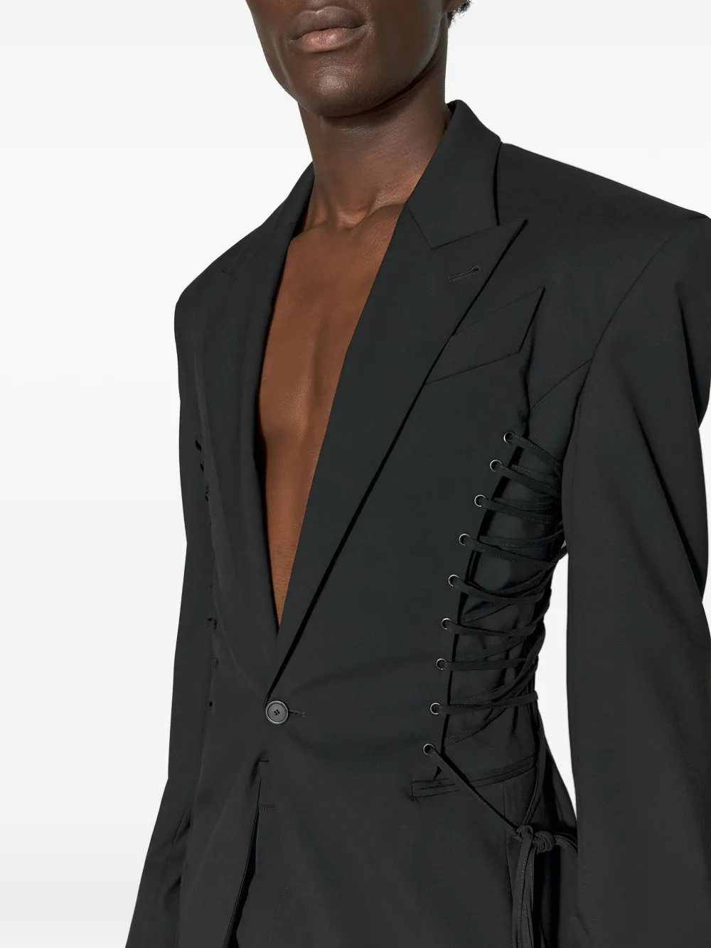 Mugler Lace-up Padded-shoulder Jacket In Black