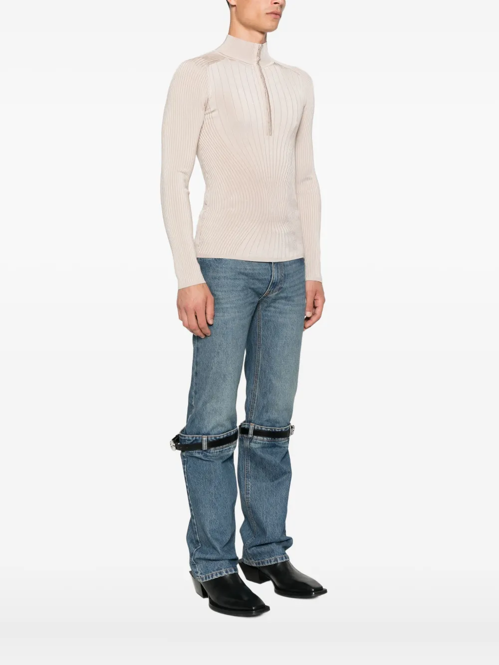 Mugler Ribbed Zip-front Polo Top In Pink