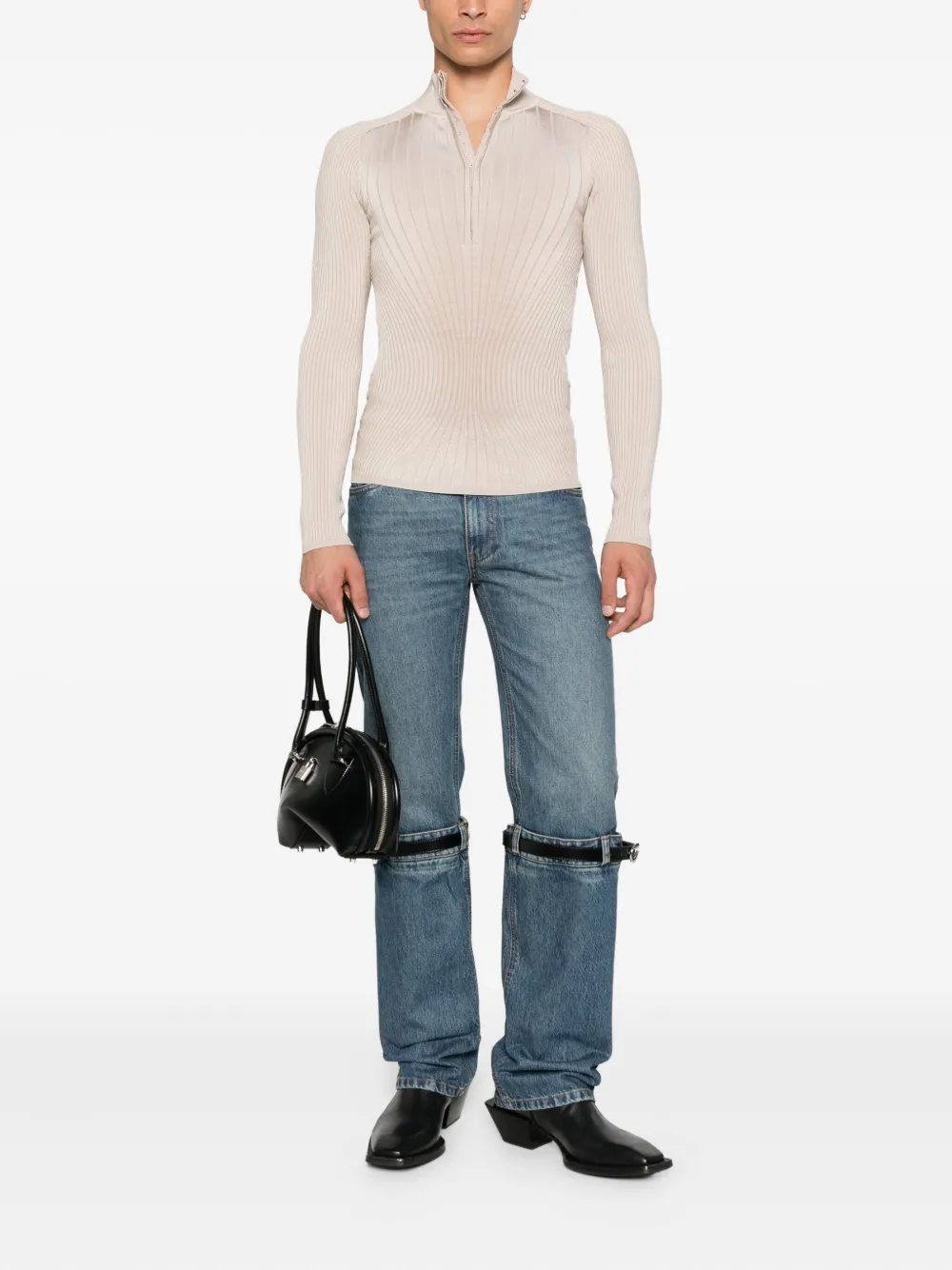Mugler Geribbelde polotop met rits - Beige