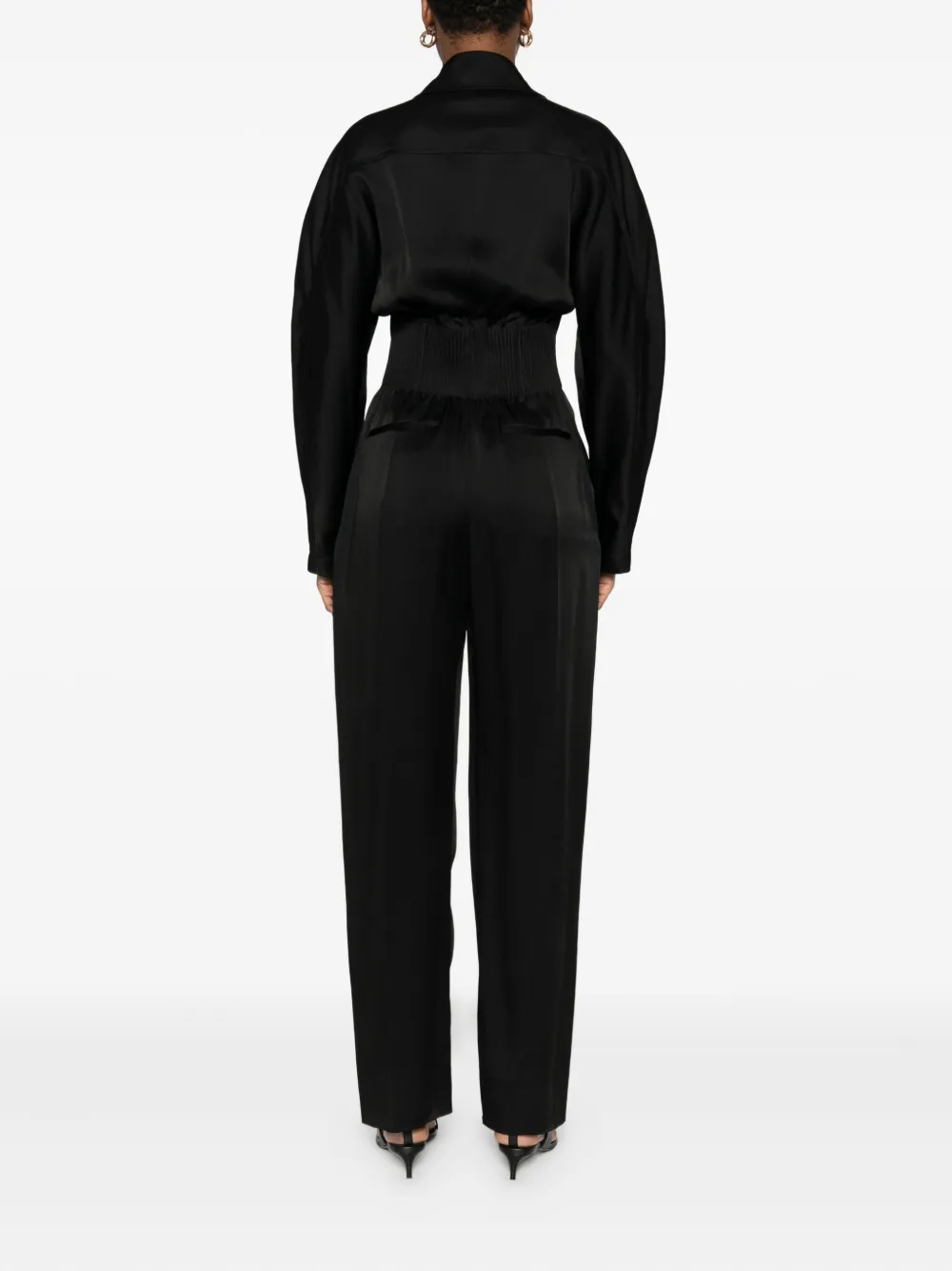 Victoria Beckham Geplooide gesmockte jumpsuit Zwart