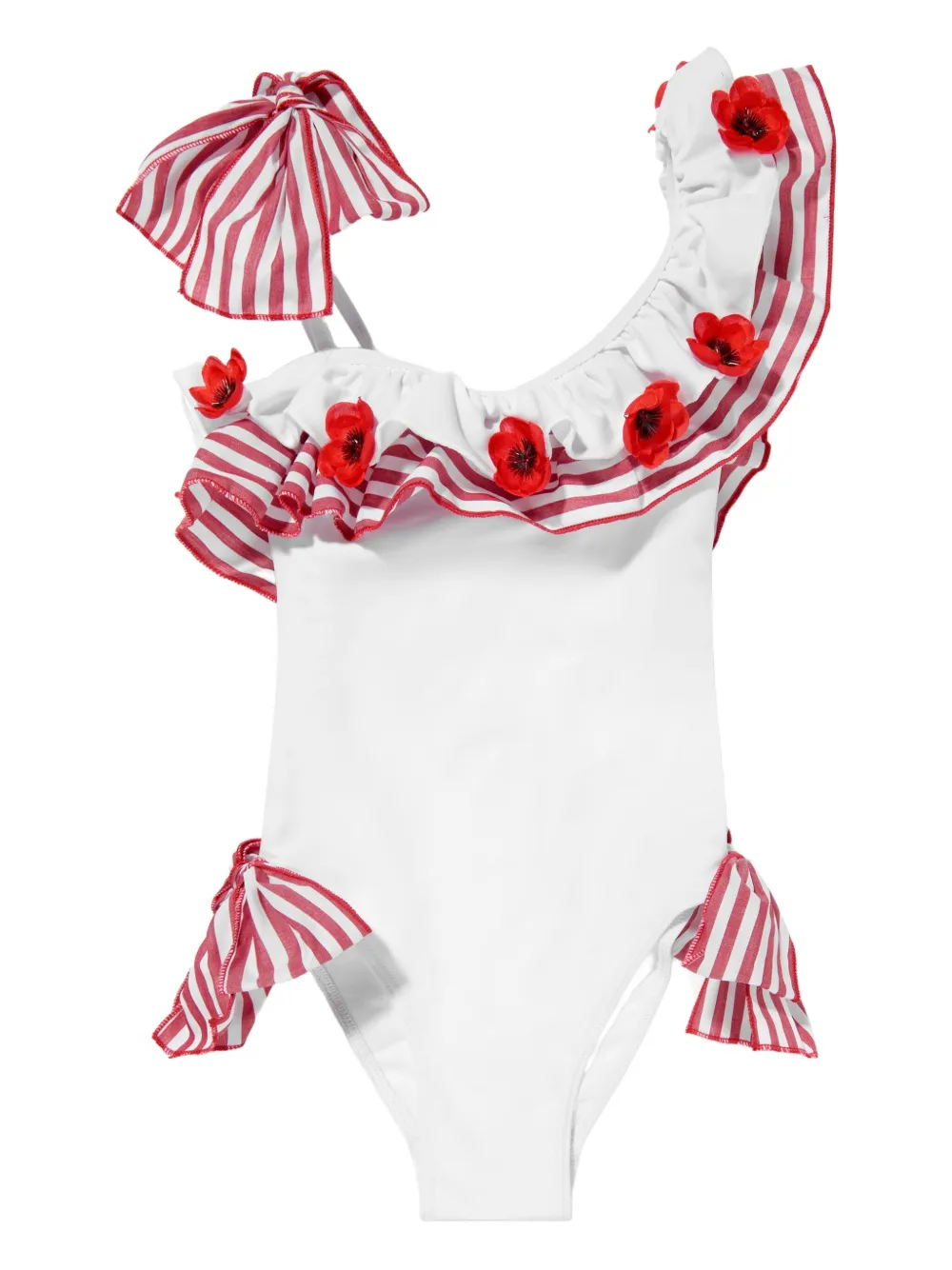 SELINIACTION KIDS poppy-detailed striped ruffled swimsuit Wit