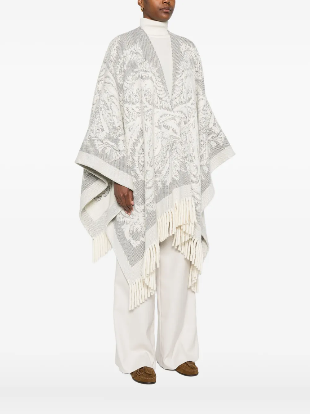 ETRO Poncho met paisley-print en franje Wit