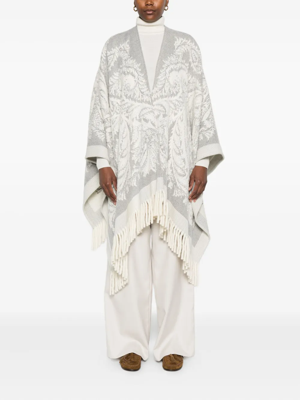 ETRO Poncho met paisley-print en franje Wit