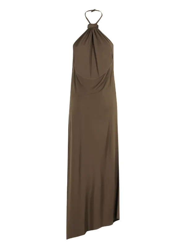halter neck asymmetrical dress Asymmetrical Hem Printed Halter Neck Dress Burgundy / S